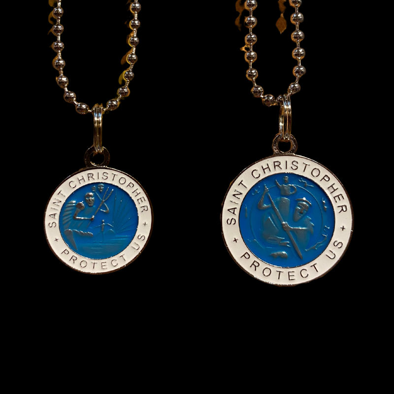 St. Christopher Surfer Protection Necklace White Blue 20 mm
